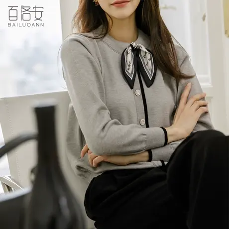 百洛安秋季原创丝带蝴蝶结圆领针织衫百搭显瘦毛衫女套头系带上衣图片