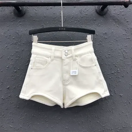 欧货阔腿裤女2023秋冬新款米白色简约加绒设计感高腰百搭牛仔短裤商品大图