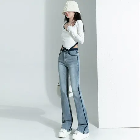 高腰微喇叭牛仔裤女夏2023年新款设计感小众小众撞色修身马蹄裤子商品大图