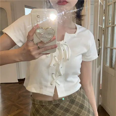 大码女装设计感短款上衣2024夏季新款胖MM法式方领绑带小心机T恤图片