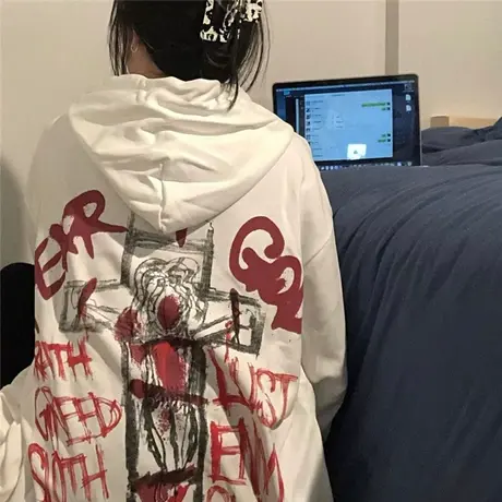 美式vintage卫衣女2021宽松韩版ins连帽上衣春秋薄款oversize外套图片