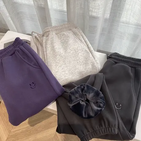 冬季刺绣笑脸抽绳松紧高腰休闲裤女加绒加厚保暖哈伦运动九分卫裤商品大图
