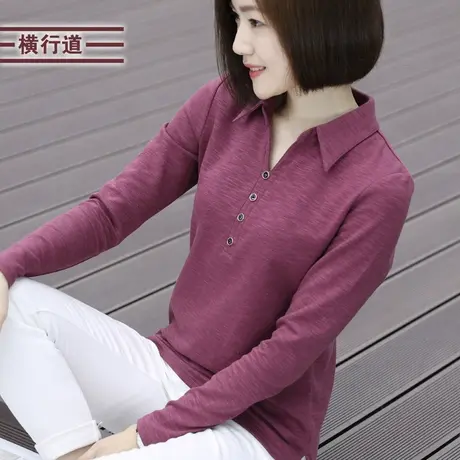 春装V领女装衬衫领大码纯棉中年妈妈长袖t恤女翻领上衣带领打底衫图片