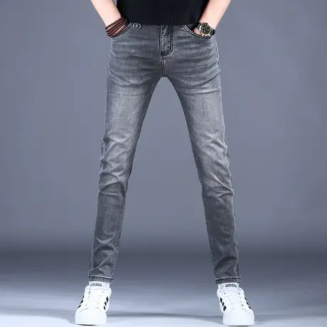 烟灰色紧身牛仔裤男款修身小脚裤子2023新款潮牌潮流休闲秋冬弹力商品大图
