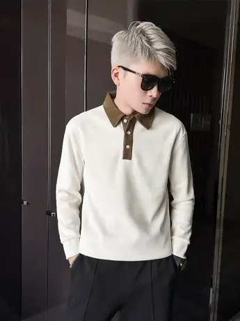 秋季新品男士POLO衫休闲套头翻领上衣青春潮流男生拼色修身长袖装商品大图