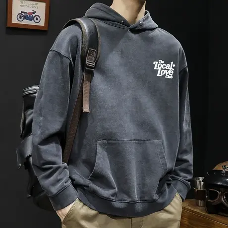 美式复古水洗连帽卫衣男秋冬款2023新款男士大码重磅春秋加厚长袖商品大图