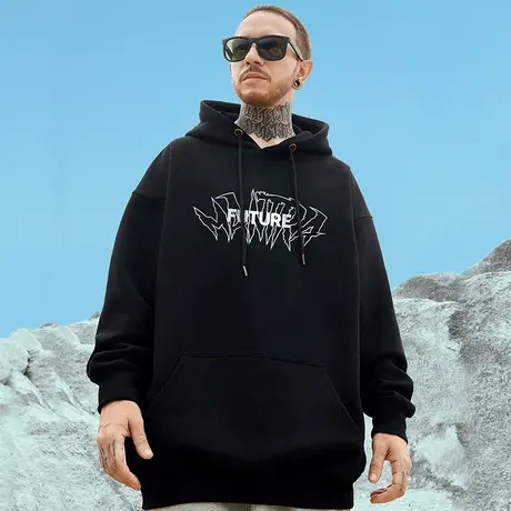 潮牌连帽加绒加厚宽松套头胖子潮流加肥加大码男装简约秋冬卫衣男图片