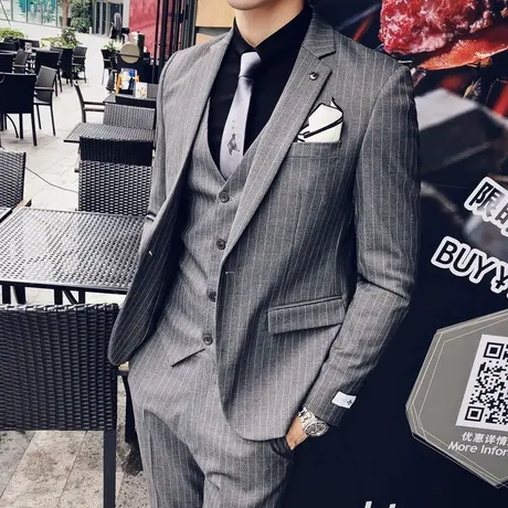 西服套装男一套帅气竖条纹小西装正装修身马甲休闲长裤子三件套潮图片