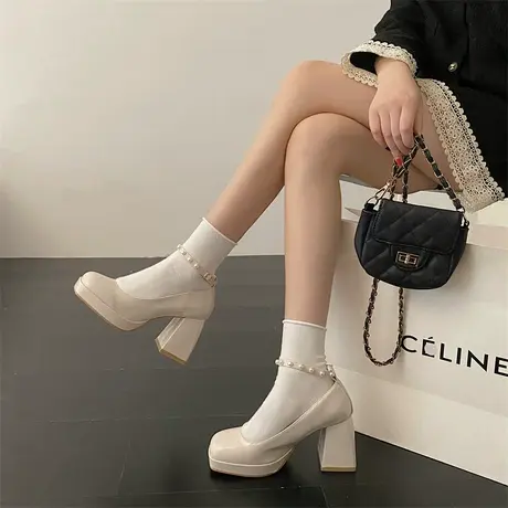 高跟小皮鞋女春秋2024新款白色法式婚鞋复古粗跟厚底增高玛丽珍鞋商品大图