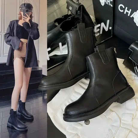 靴子女2023新款洋气韩系高级感小短靴高跟超火短靴真牛皮秋冬季商品大图