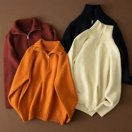 享永子【POLO领】安迪绒拉链套头毛衣休闲宽松日系针织衫毛衣外套商品大图