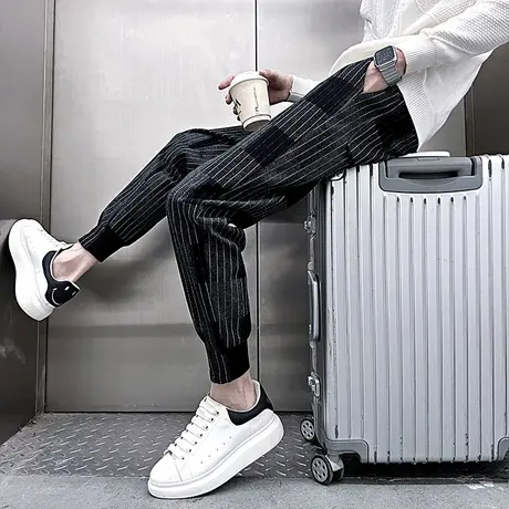 秋冬新款拼接格子条纹设计感宽松束脚休闲裤冬款加厚痞帅修身长裤商品大图