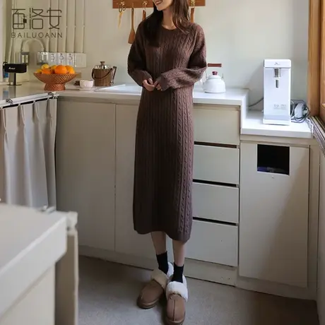 百洛安加厚保暖针织连衣裙女冬季优雅圆领麻花直筒裙长款打底毛衣图片