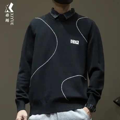 希越新款假两件12针毛衣男冬季日系保暖宽松大码男士圆领针织毛衫商品大图