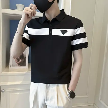 2023夏季男士polo衫t恤短袖翻领半袖潮牌撞色条纹半截袖休闲体恤商品大图