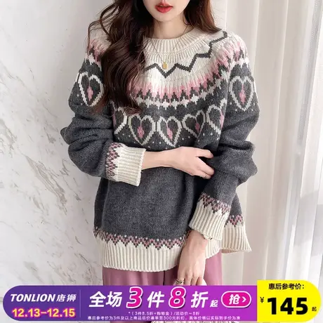 唐狮秋冬新款复古风几何图案圆领套头毛线衫宽松圣诞氛围感穿搭PO商品大图