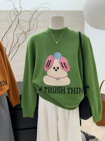 2024秋冬季新品韩版圆领加厚小狗提花减龄针织衫毛衣女保暖上衣服商品大图