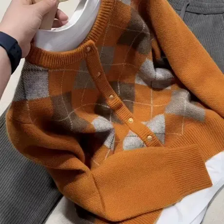 开衫毛衣女款2023新款秋冬内搭美拉德穿搭菱格上衣冬季针织打底衫图片