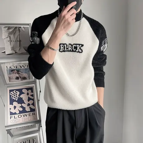 高级感撞色插肩半高领毛衣冬季2023新款修身加厚内搭休闲个性线衣商品大图