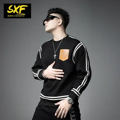 SXF圣希男士卫衣 2023冬季新款加厚男装圆领拼接潮牌美式上衣服男图片
