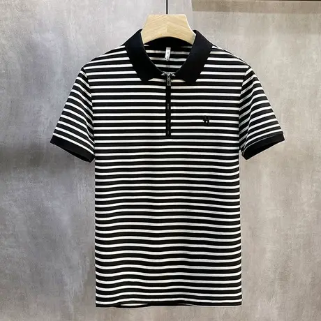 休闲潮流短袖男T恤修身翻领刺绣条纹polo衫社会青年半袖上衣夏装图片