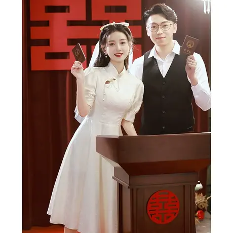 登记领证小白裙中式旗袍高级感订婚礼服女夏季白色连衣裙中长款商品大图