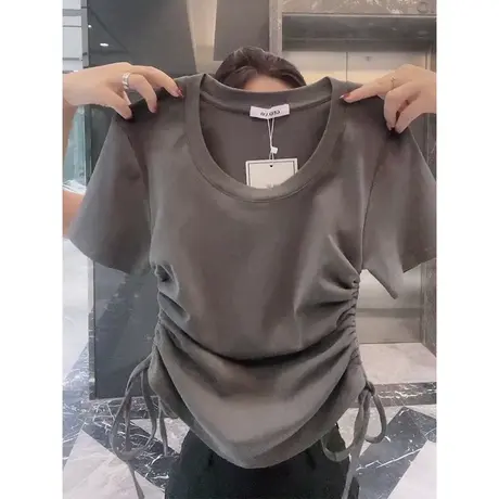 抽绳收腰下摆半袖T恤女早春小个子短款修身百搭辣妹正肩短袖上衣商品大图