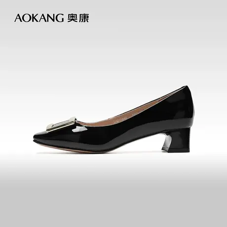 【门店发货】奥康女鞋 2024春季新款厚底粗跟浅口单鞋方扣皮鞋商品大图