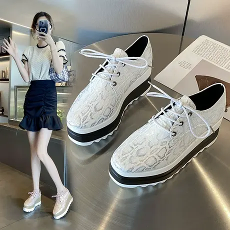 蛇纹厚底松糕鞋子女2024年春季新款时尚休闲单鞋女小个子增高跟鞋图片