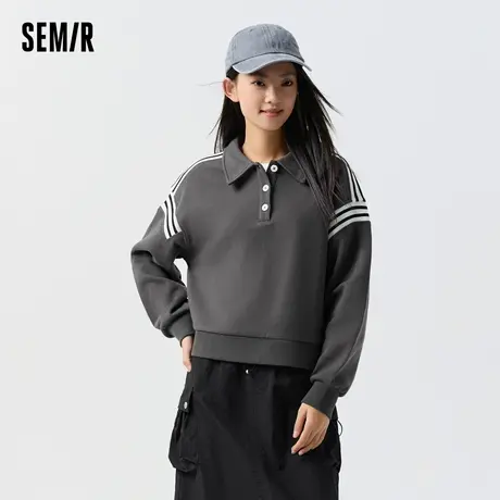森马卫衣女polo领质感套头衫宽松小个子春季拼接撞色衣服休闲气质图片