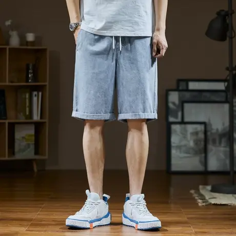 唐狮夏季男士牛仔裤宽松直筒韩版潮流卷边短裤子浅色五分裤复古图片