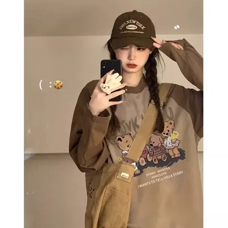 纯棉长袖t恤女秋季2023新款小众设计感插肩拼色宽松韩版打底上衣商品大图