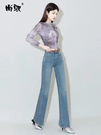 尚驭蓝色弹力高腰牛仔喇叭裤2024年春季新款修身显瘦微喇裤休闲裤图片