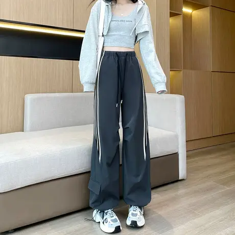 美式高街工装束脚阔腿裤女春季新款高腰显瘦多口袋宽松直筒灯笼裤图片