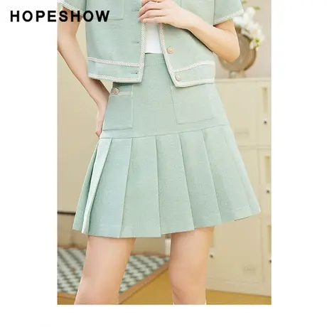 红袖outlets香风亮丝短裙hopeshow2023夏季新款女织带高腰百褶裙商品大图