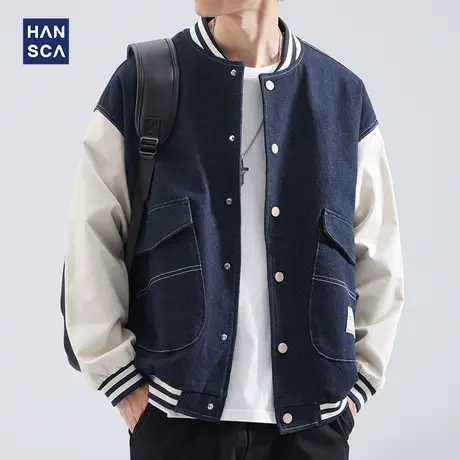 hansca牛仔夹克外套男士春秋季款韩版潮流宽松百搭复古撞色棒球服商品大图