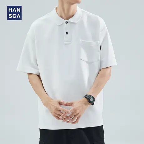 hansca 白色polo衫短袖男款夏季美式休闲宽松翻领潮流百搭重磅t恤商品大图