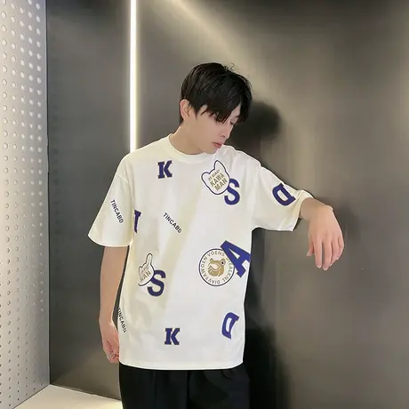 夏季短袖T恤ins韩版宽松印花字母上衣青年花色满印休闲半截袖体恤商品大图