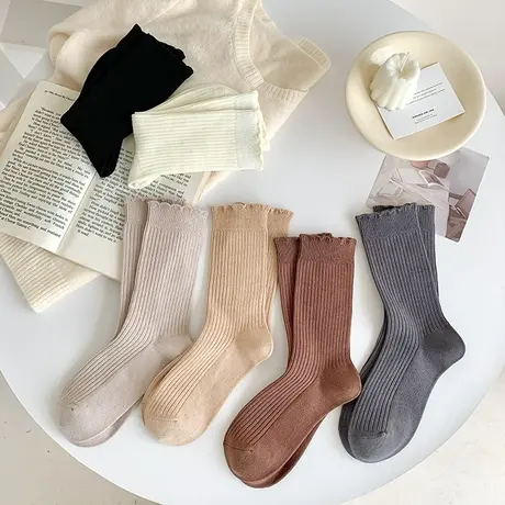 2024春款纯色中筒袜女抗起球日系堆堆袜子原宿风花边学生时尚棉袜商品大图