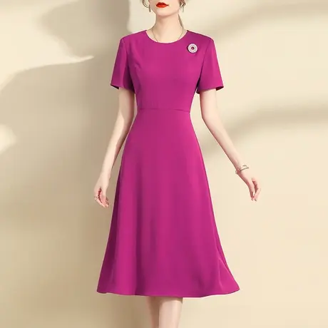 水墨青华2024新品优雅修身玫红色A字裙显瘦百搭短袖夏季连衣裙图片