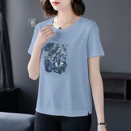 夏季新品短袖T恤衬衫时尚重工艺刺绣中年妈妈装休闲宽松大码女装商品大图