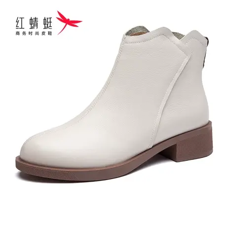 红蜻蜓女鞋女靴短筒粗跟春秋新款时尚百搭休闲牛皮防滑舒适透气鞋图片