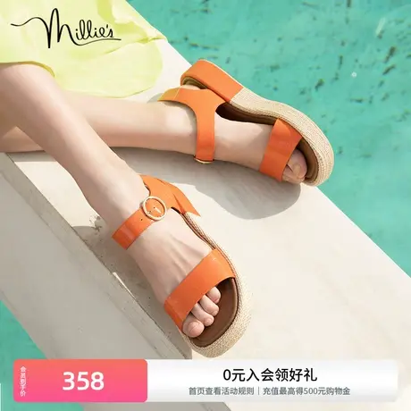 millie's妙丽春季新款时尚松糕厚底平底女鞋一字带女凉鞋LVH05BL1商品大图