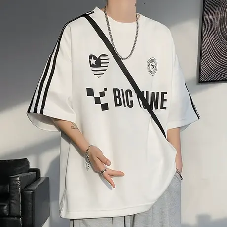 个性印花短袖t恤男夏季新款宽松圆领五分半袖港风冰丝体恤上衣服T商品大图