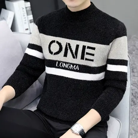 毛衣男士秋冬拼色学生打底衫韩版潮流修身青年男装半高领针织线衣商品大图