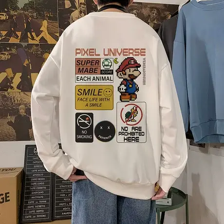 ins潮牌马里奥卫衣男秋冬季宽松长袖t港风情侣装卡通动漫印花外套商品大图