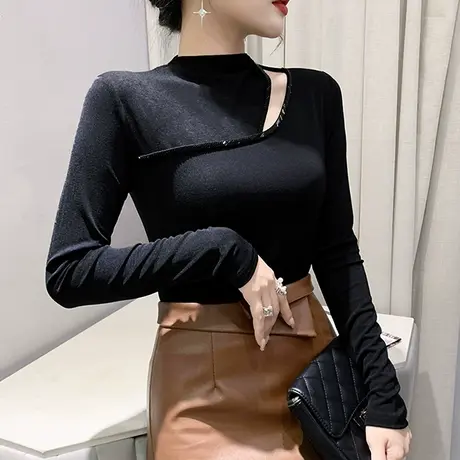 性感镂空T恤女长袖气质百搭半高领打底衫欧货钉珠别致显瘦上衣ins商品大图