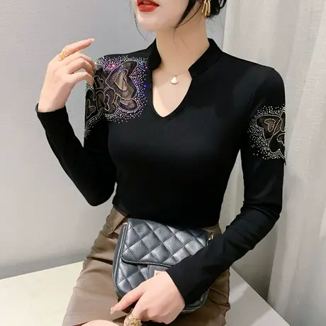 重工烫钻V领打底衫女长袖欧货性感网纱拼接T恤内搭修身百搭上衣秋商品大图