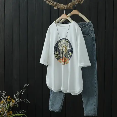 文艺复古印花白色短袖t恤女2022夏季新款宽松圆领上衣打底衫体恤商品大图