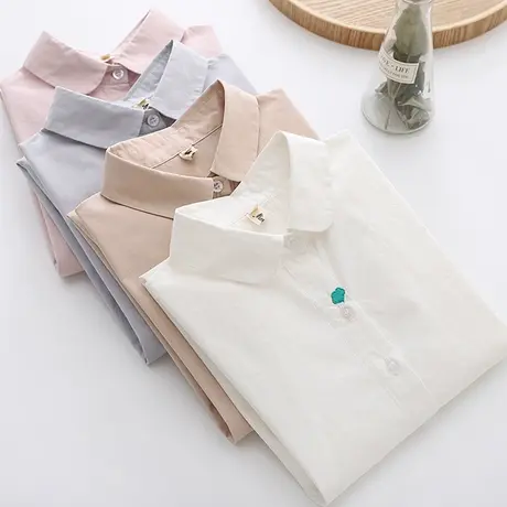 早秋新款韩版修身娃娃领纯棉学生衬衣小清新长袖白色职业打底衬衫图片